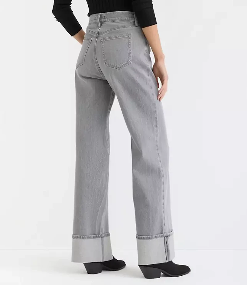 Cuffed High Rise Wide Leg Jeans Grey