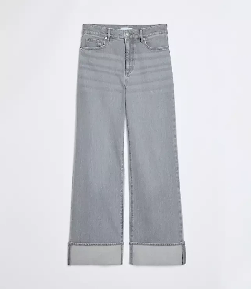 Cuffed High Rise Wide Leg Jeans Grey