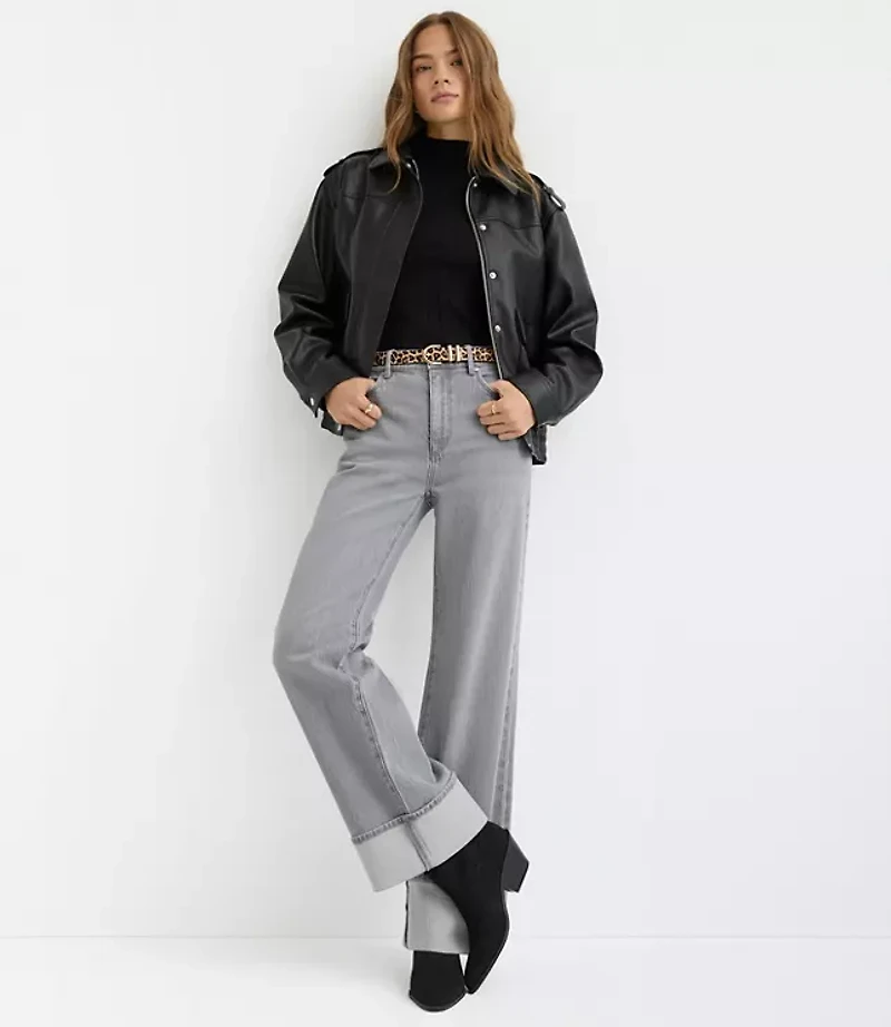Cuffed High Rise Wide Leg Jeans Grey