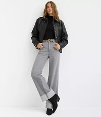 Cuffed High Rise Wide Leg Jeans Grey