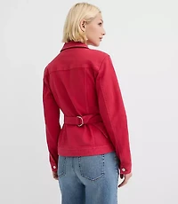 Belted Back Seamed Denim Jacket Tango Red