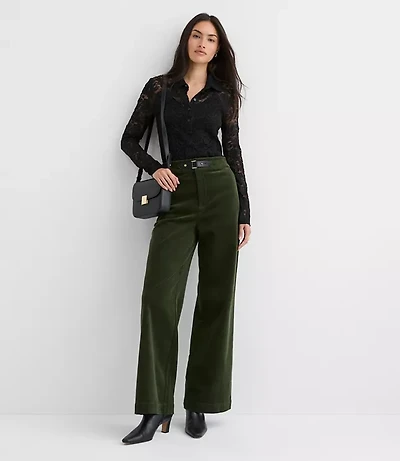 Petite Faux Leather Buckle Wide Leg Corduroy Pants