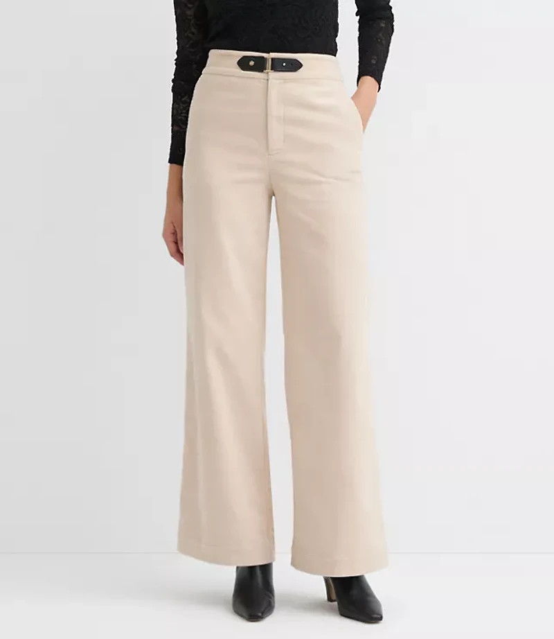 Petite Faux Leather Buckle Wide Leg Corduroy Pants