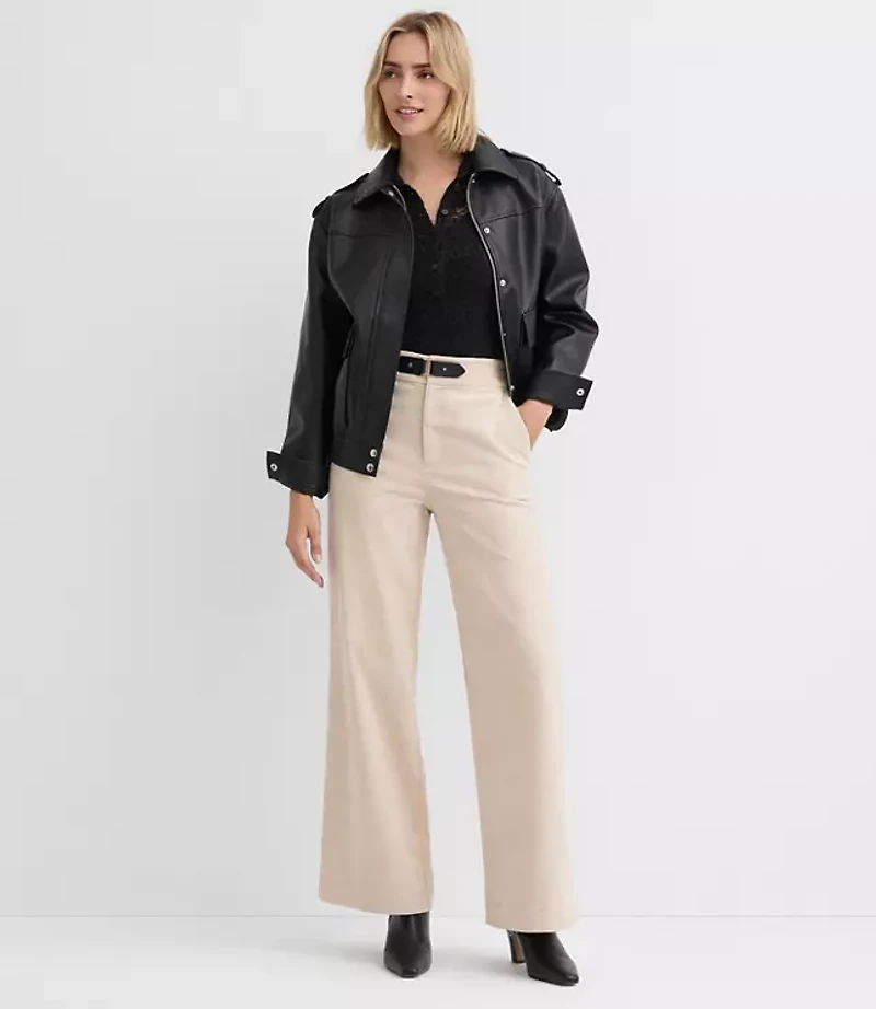 Petite Faux Leather Buckle Wide Leg Corduroy Pants