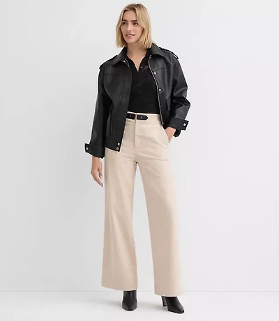 Petite Faux Leather Buckle Wide Leg Corduroy Pants