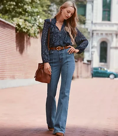 Petite Pintucked High Rise Slim Flare Jeans Medium Stone Wash