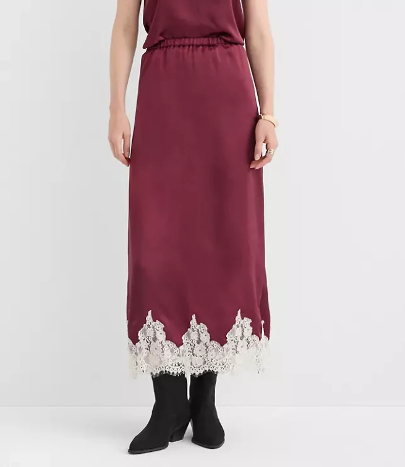 Lace Trim Satin Midi Skirt