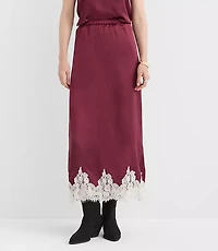 Lace Trim Satin Midi Skirt