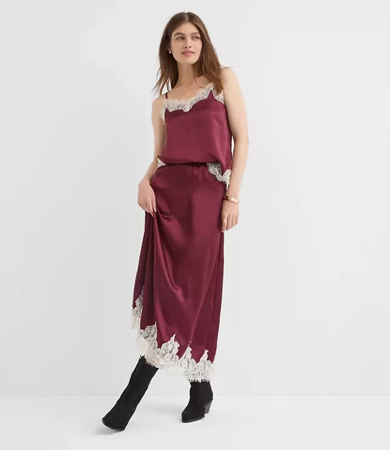 Lace Trim Satin Midi Skirt
