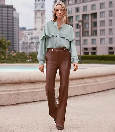Petite Pintucked Flare Pants Faux Leather