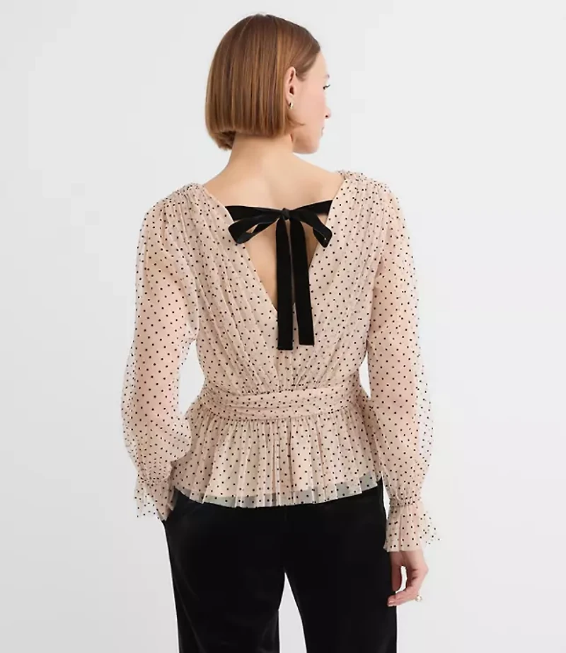Velvet Dot Tulle Tie Back Peplum Blouse