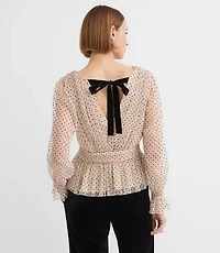 Velvet Dot Tulle Tie Back Peplum Blouse