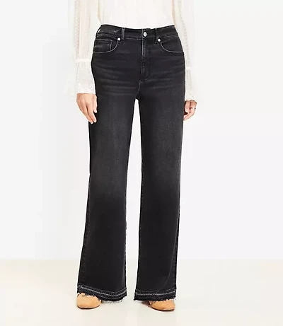 Petite Curvy Unpicked Hem High Rise Wide Leg Jeans Washed Black