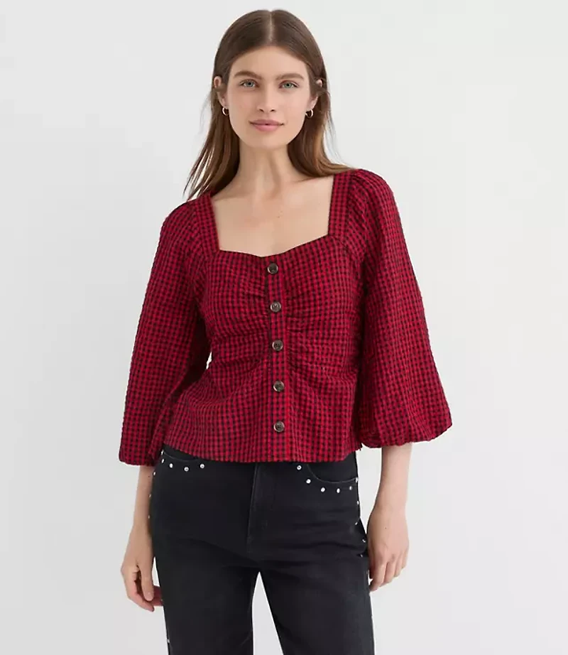Gingham Gathered Square Neck Top