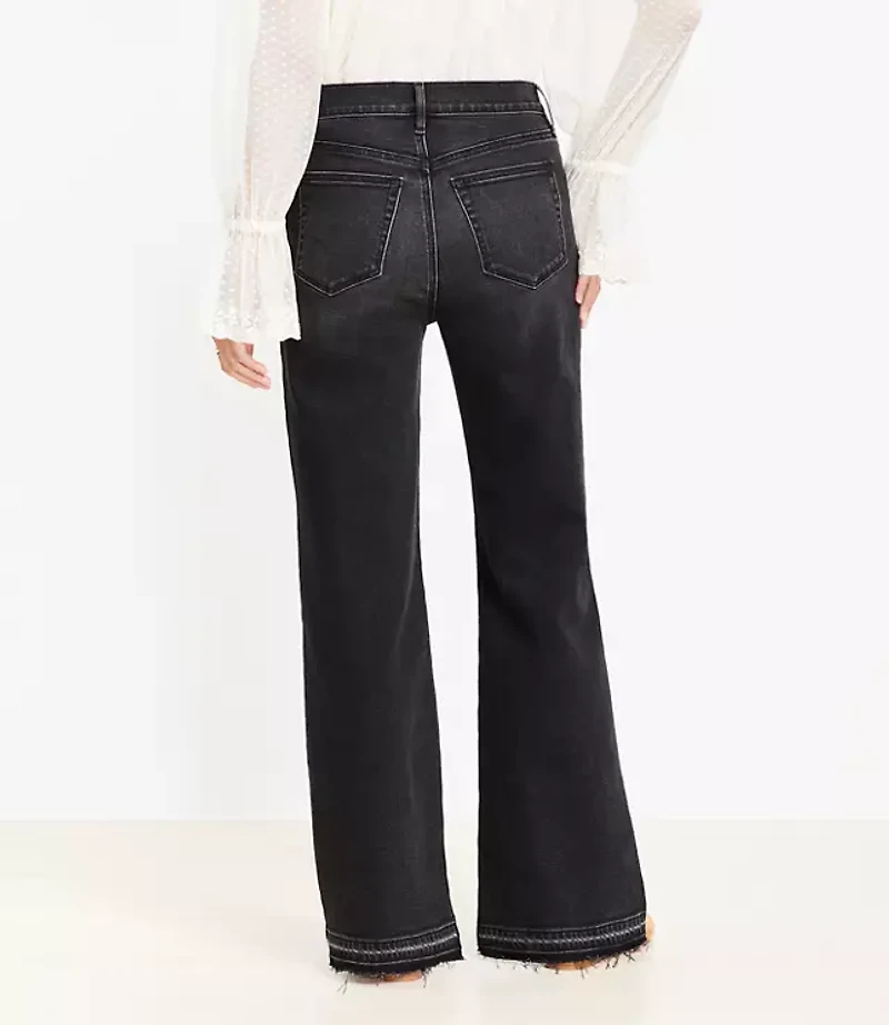 Curvy Unpicked Hem High Rise Wide Leg Jeans Washed Black