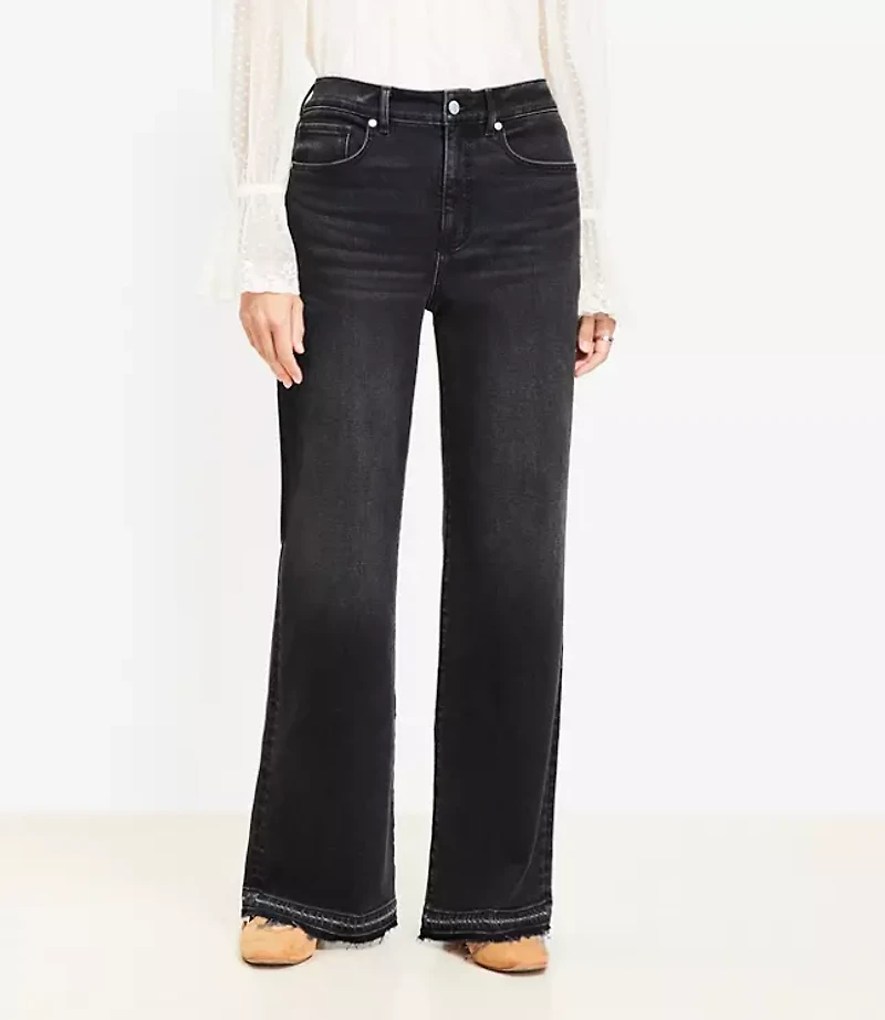 Curvy Unpicked Hem High Rise Wide Leg Jeans Washed Black