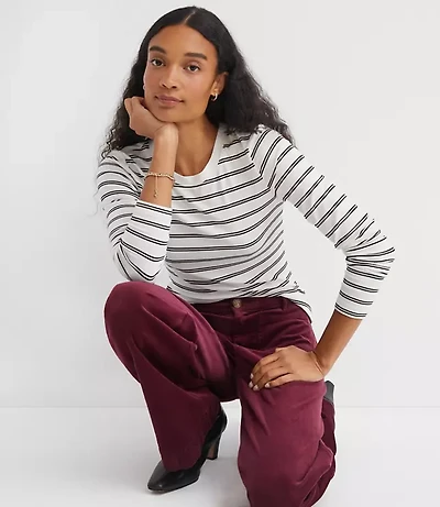 Petite Stripe Ribbed Crew Neck Long Sleeve Tee