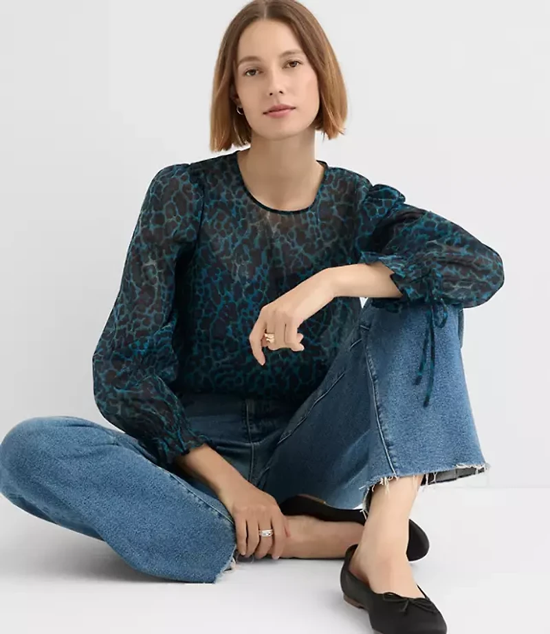 Leopard Print Ruffle Tie Cuff Blouse