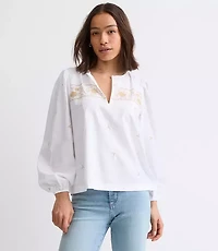 Floral Embroidered Split Neck Blouse