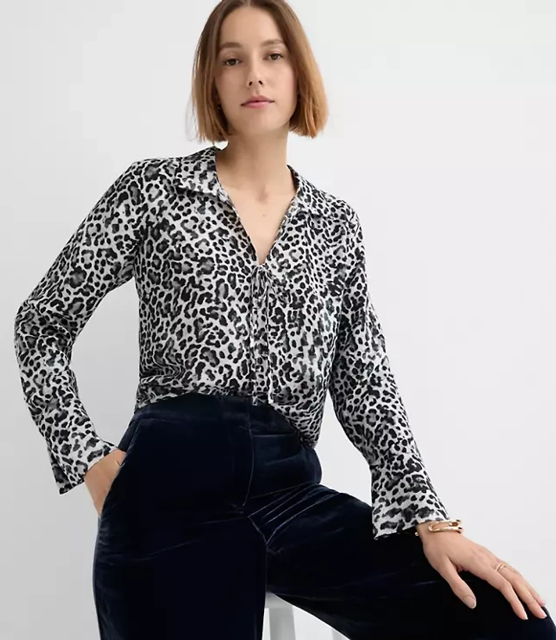 Leopard Print Slit Cuff Tie Neck Blouse