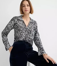 Leopard Print Slit Cuff Tie Neck Blouse