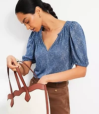 Paisley Puff Sleeve Split Neck Top