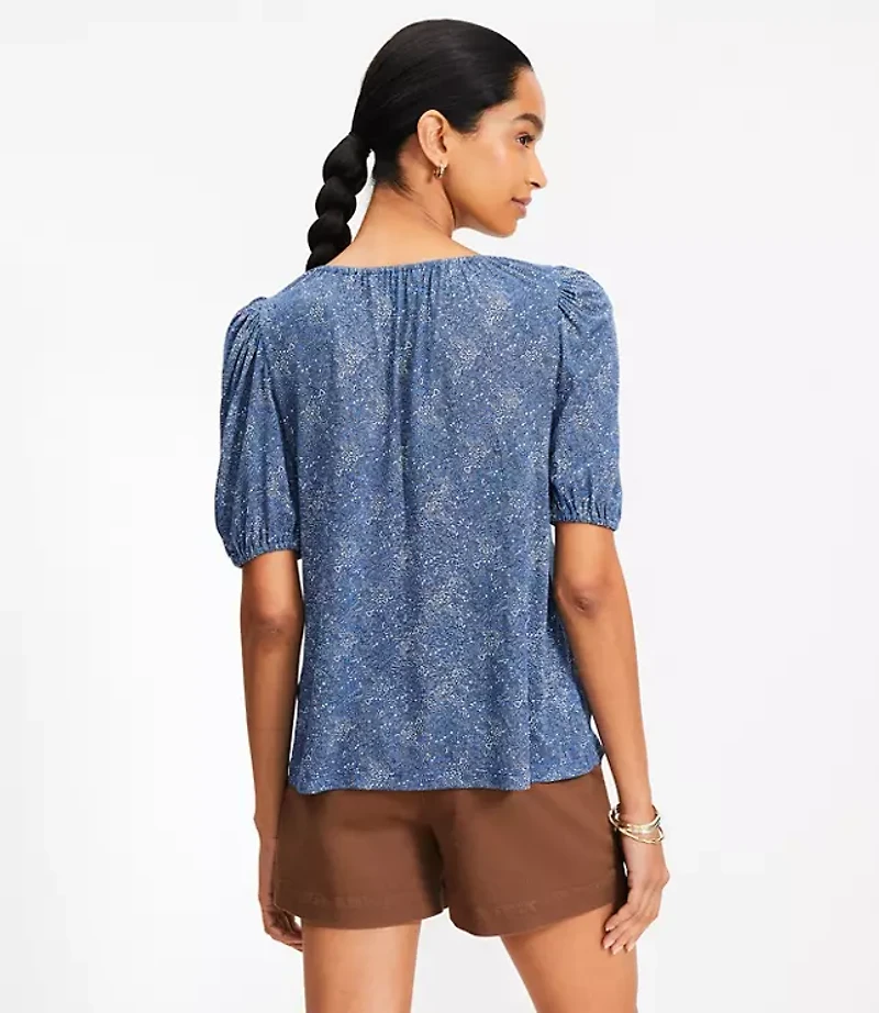 Paisley Puff Sleeve Split Neck Top