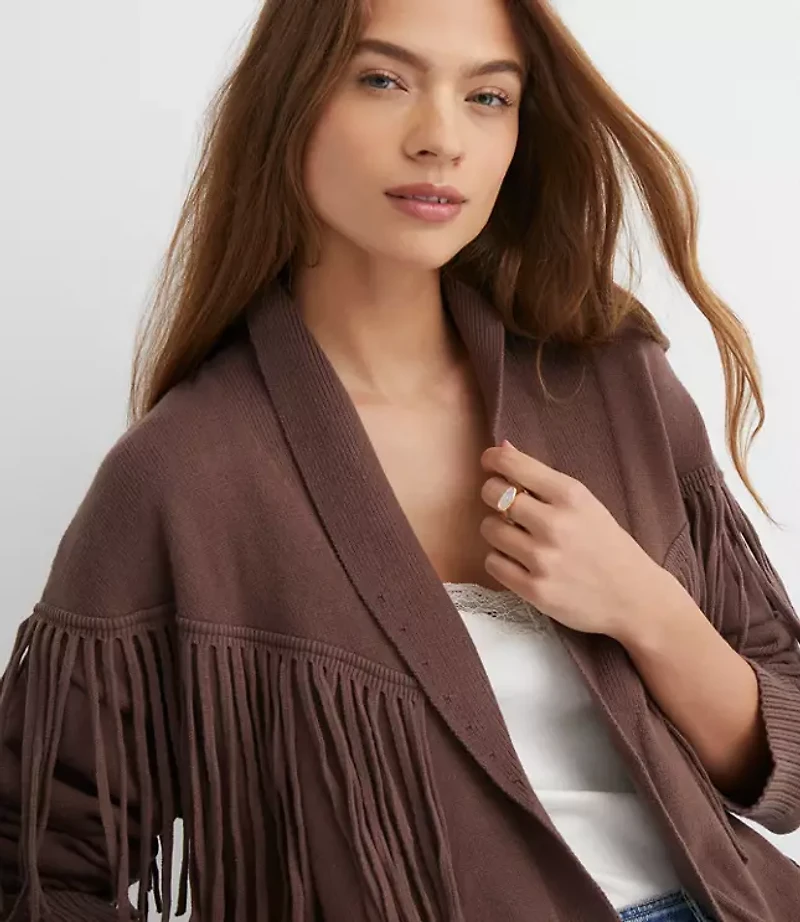 Petite Fringe Belted Cardigan