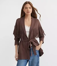 Petite Fringe Belted Cardigan