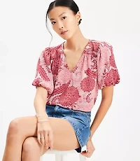 Floral Bubble Sleeve Mixed Media Blouse