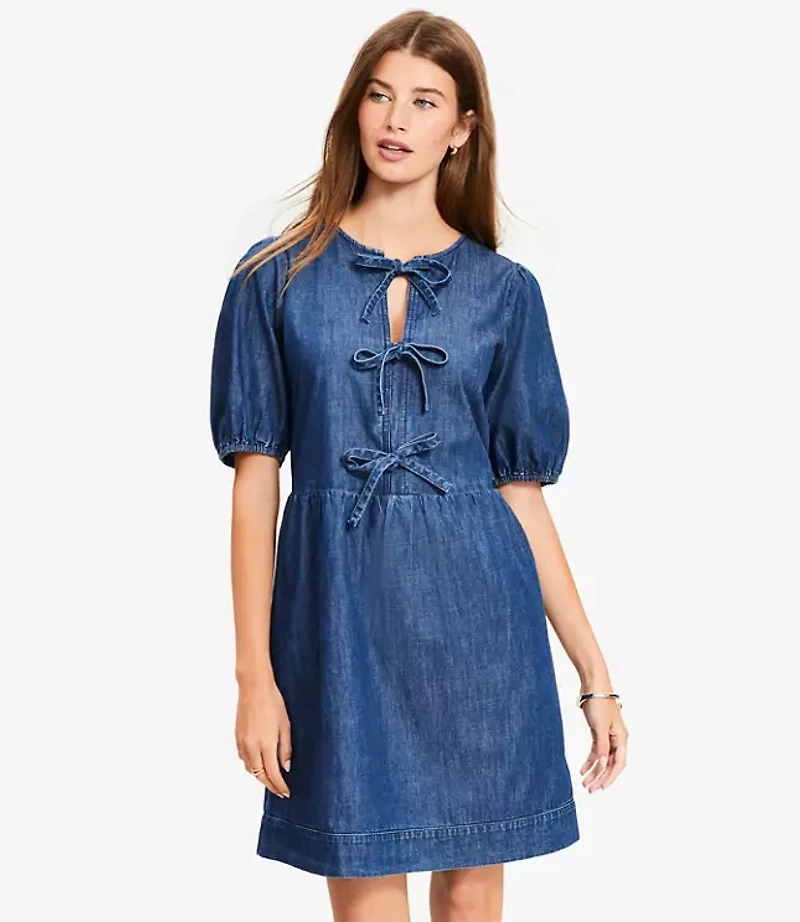 Petite Chambray Bow Mini Pocket Dress