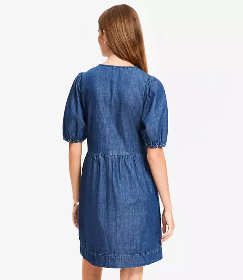 Petite Chambray Bow Mini Pocket Dress