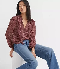 Floral Ruffle Button Tie Neck Blouse