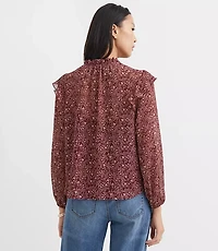 Floral Ruffle Button Tie Neck Blouse