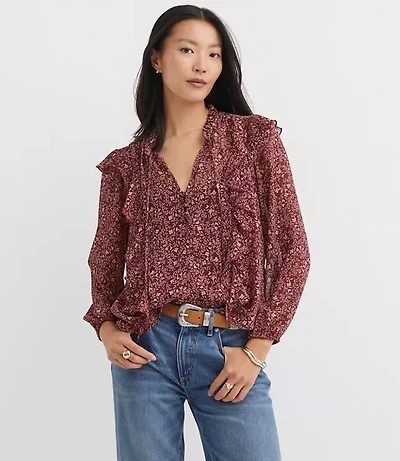 Floral Ruffle Button Tie Neck Blouse