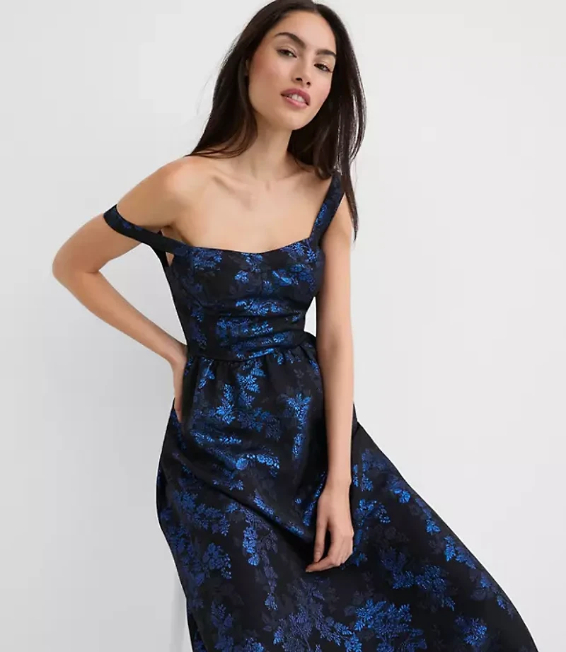 Shimmer Floral Corset Seamed Midi Pocket Dress