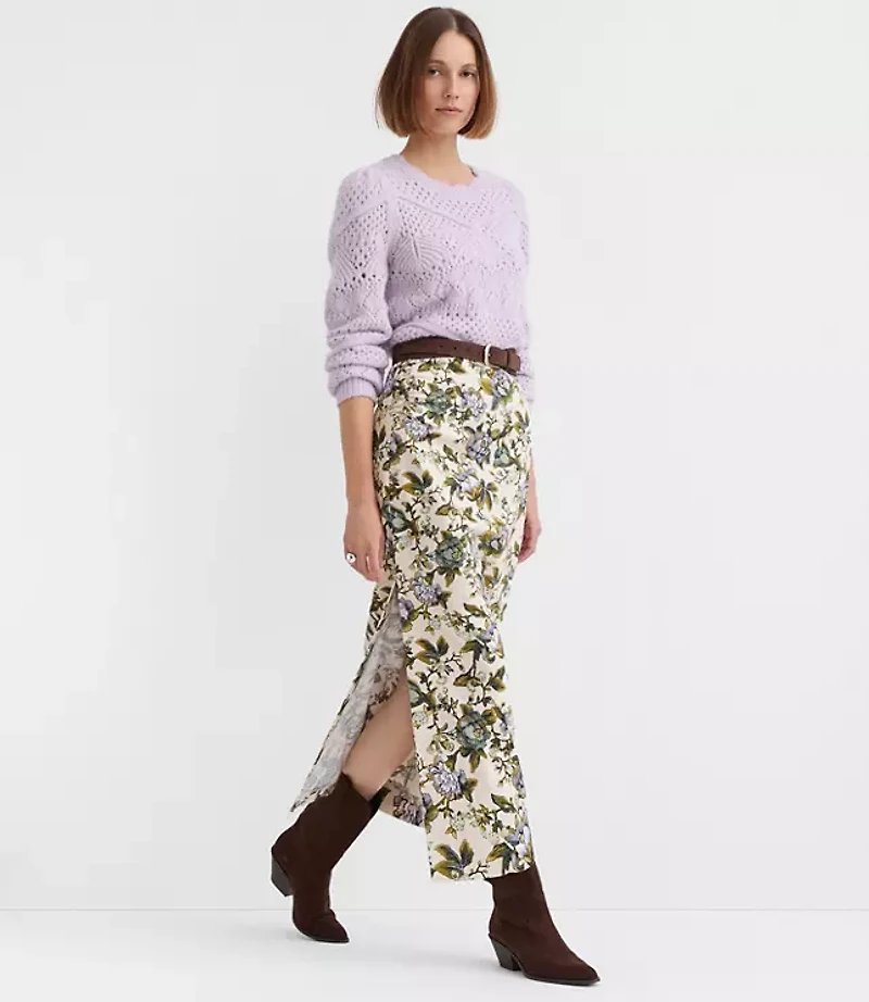 Petite Floral Side Ruched Midi Skirt