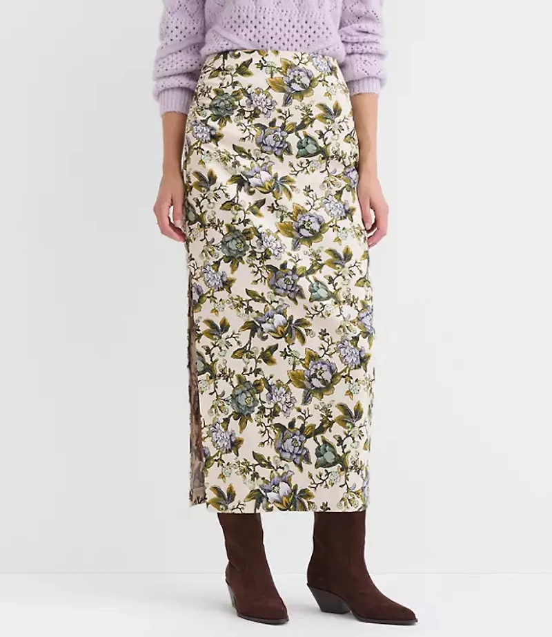 Petite Floral Side Ruched Midi Skirt