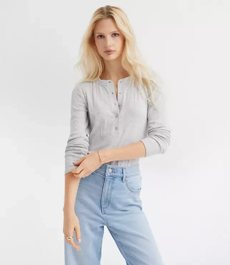 Heathered Scalloped Pointelle Henley Top