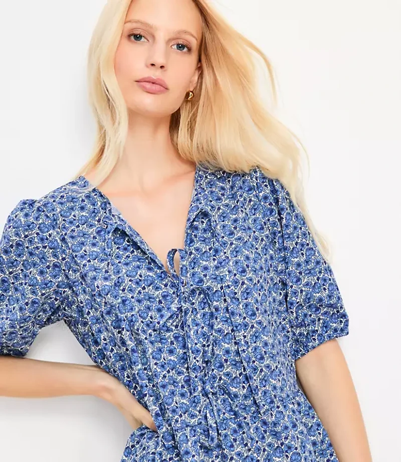 Petite Floral Poplin Bow Mini Pocket Dress