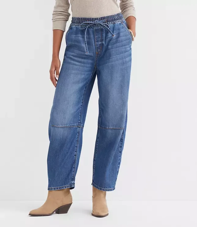 Petite Pull On High Rise Barrel Jeans Vintage Light Indigo Wash