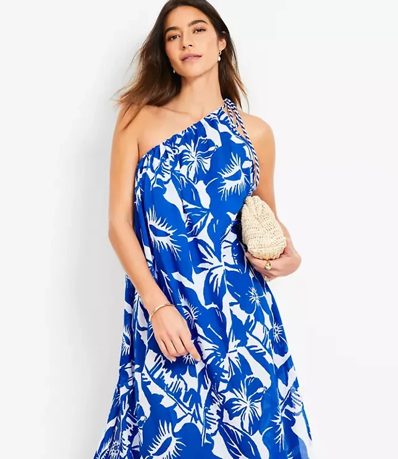 Petite LOFT Beach Tropical One Shoulder Swimsuit Coverup