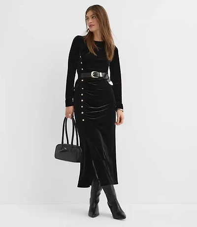 Velvet Ruched Button Midi Skirt