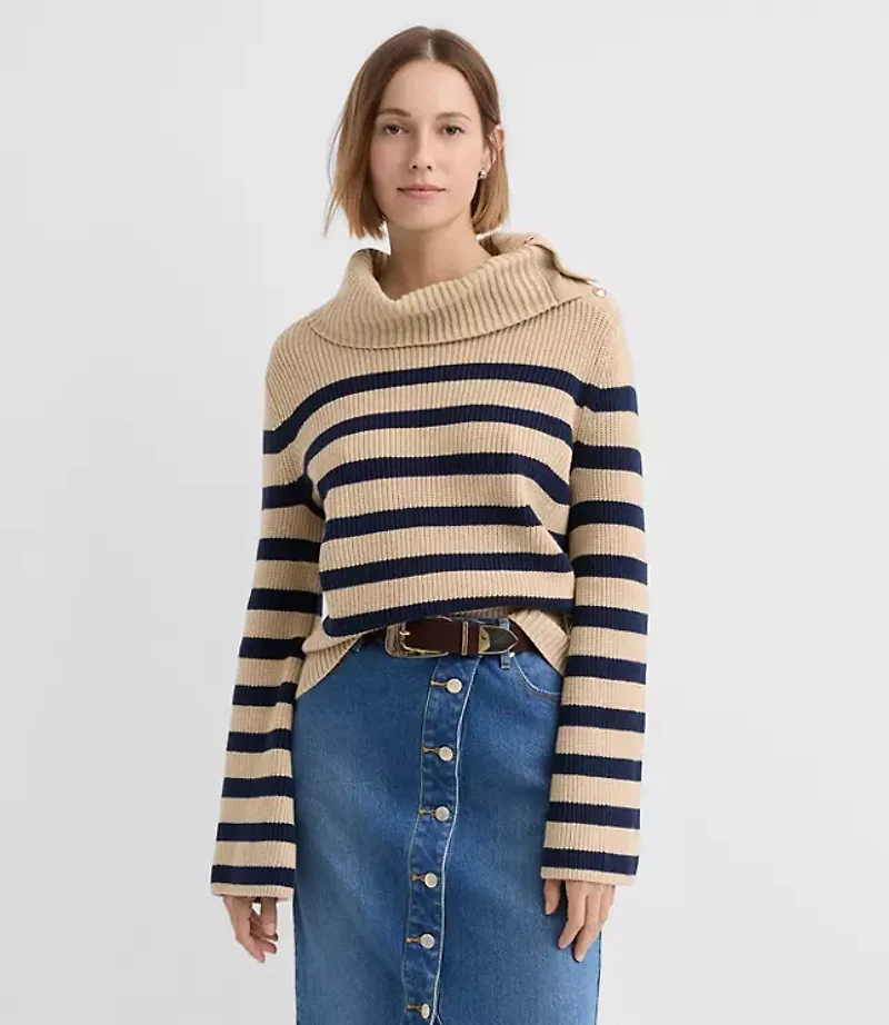 Stripe Button Neck Flare Sleeve Sweater