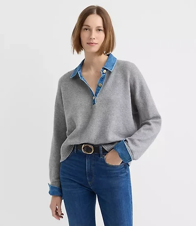 Denim Trim Henley Sweater
