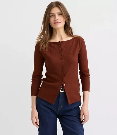 Ribbed Boatneck Button Top