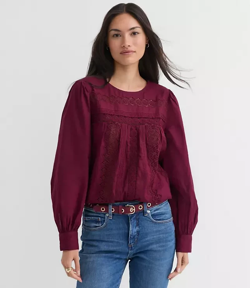 Lace Trim Pintucked Blouse