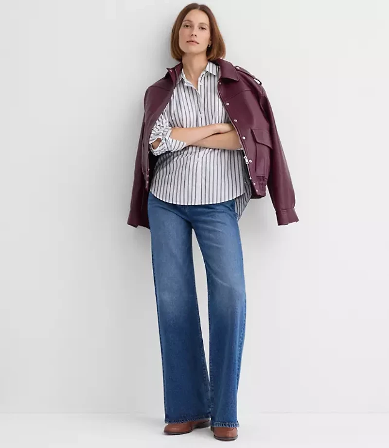 Striped Poplin Cutout Back Tunic Shirt