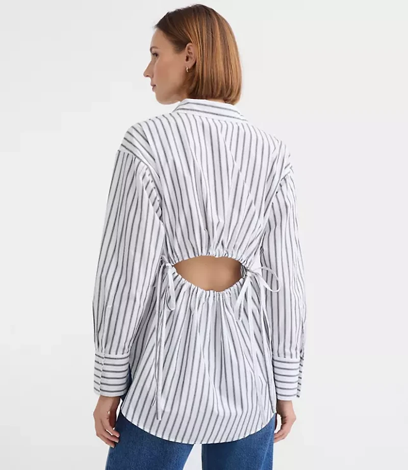 Striped Poplin Cutout Back Tunic Shirt