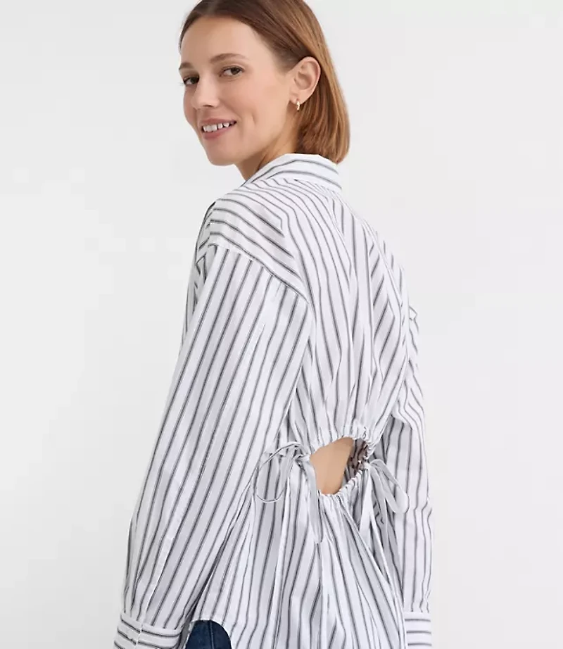 Striped Poplin Cutout Back Tunic Shirt